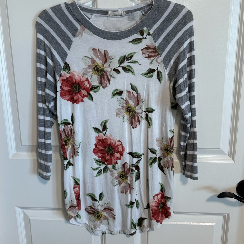 First Looks Floral Raglan Top with Striped Sleeves